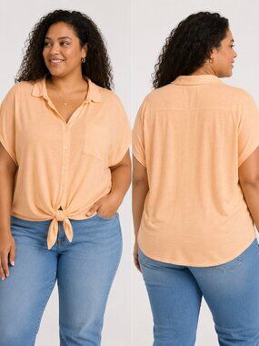 Buffalo David Bitton Women's Tie-Front Button-Up Blouse XL Soft Peach Short Slee